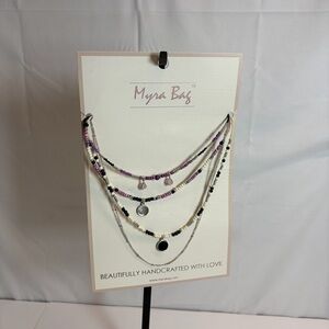 Myra Bag Boho Multi Strand Beaded Necklace Purple Black Cream NWT